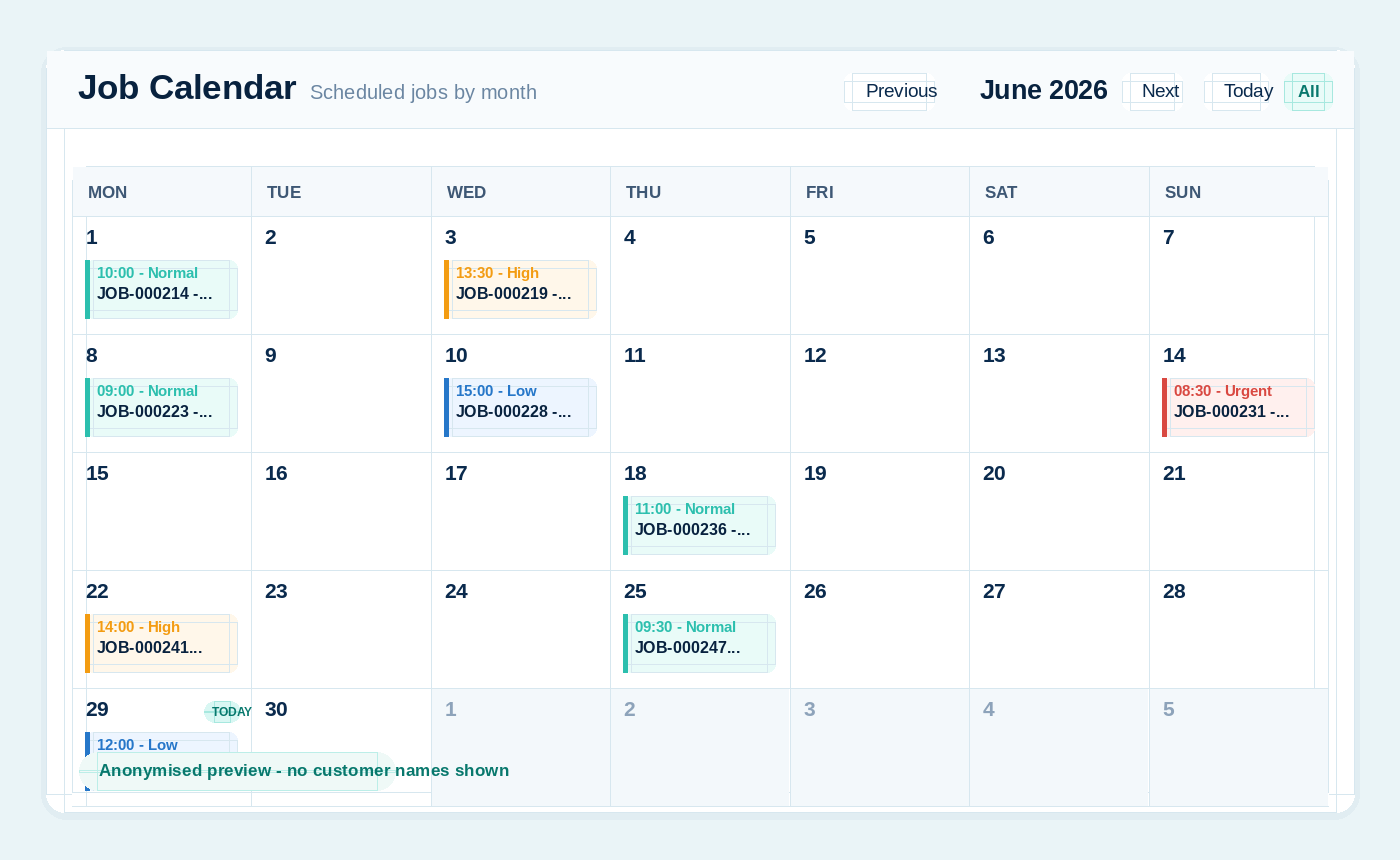 Anonymised SharpFleet Job Management calendar preview showing scheduled jobs by month without customer names or private details.